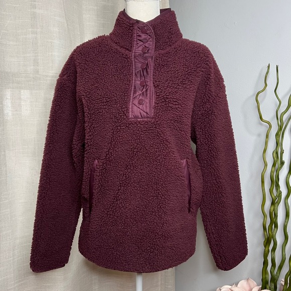 Athleta Tops - Athleta Cozy Sherpa Snap‎ Sweatshirt Oversized 466888 Maroon Women's Size Small